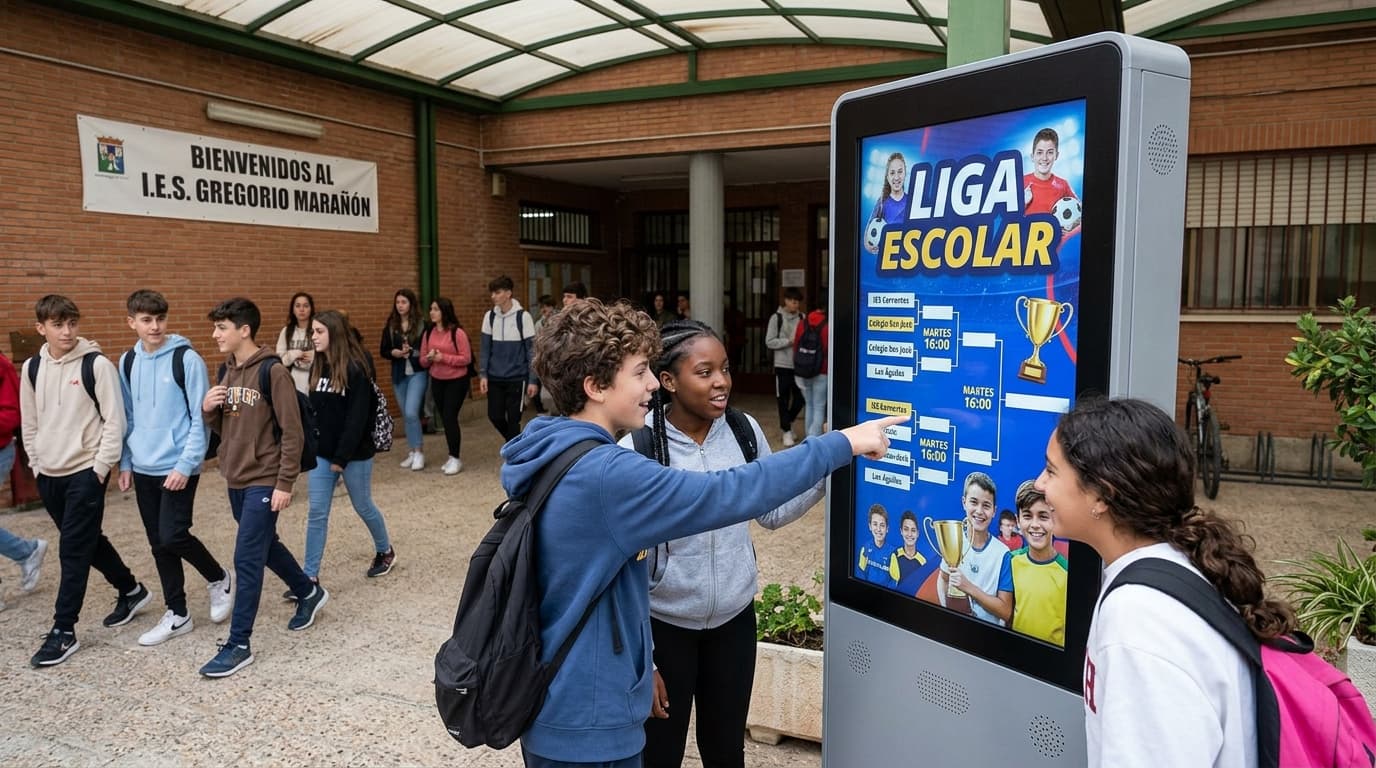 Alumnat consultant un panell Kiosko al pati del centre
